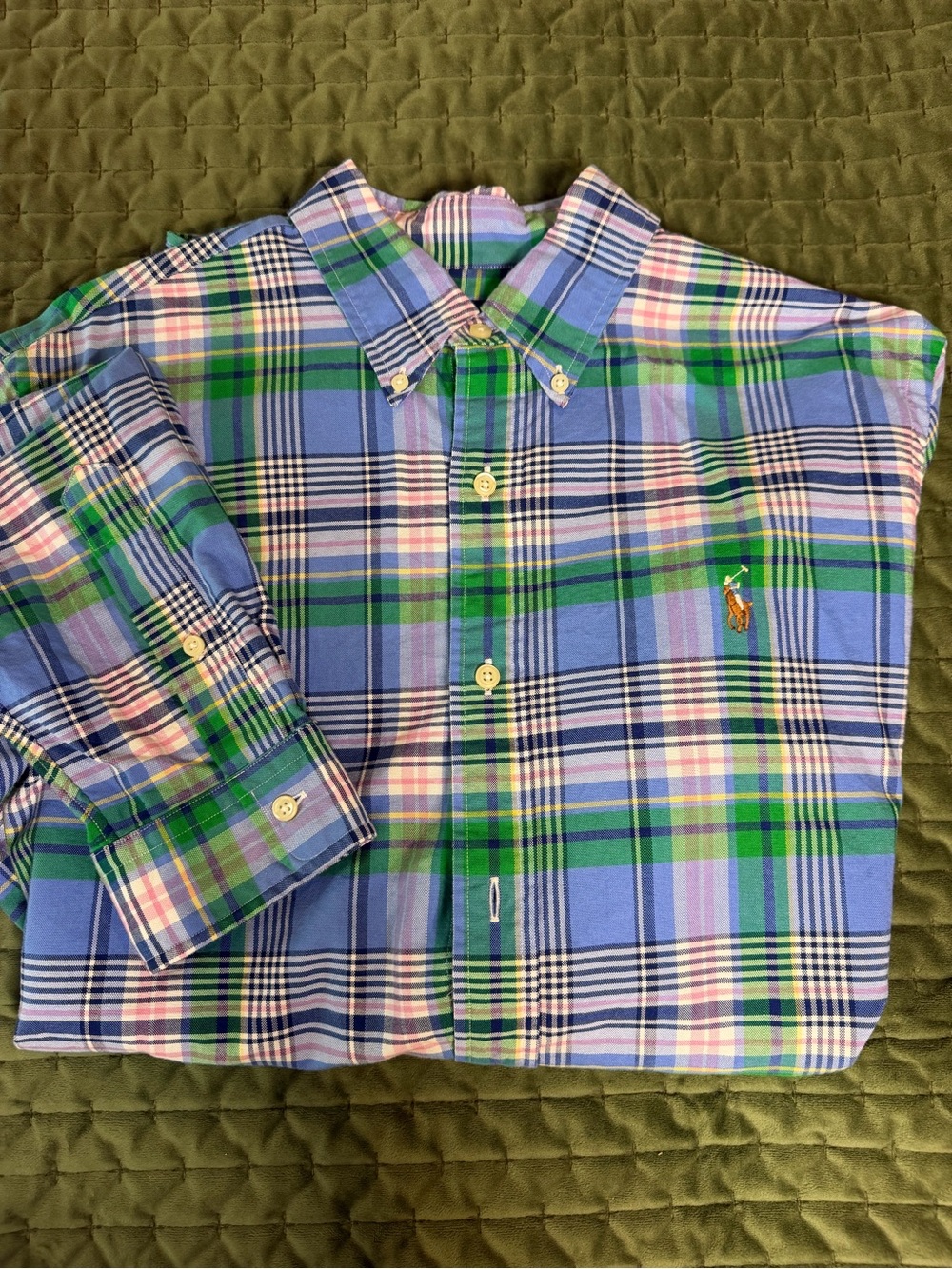 Ralph Lauren Classic Fit Blue Green Pink Plaid Long Sleeve Button Front shirt LG